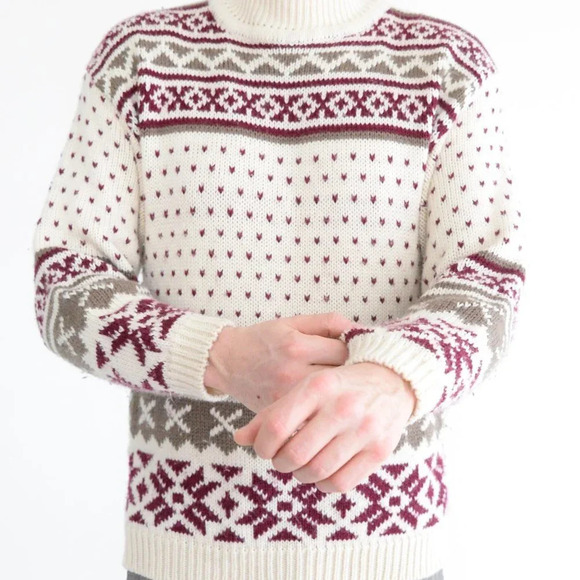 Vintage  90's Kookaburra Collection Knit Cream & Maroon Mock Neck Sweater Medium - Picture 2 of 13